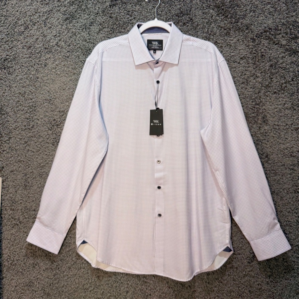 WRK Dress Shirt Mens 17 Navy Purple NWT Micro Dot 4-Way Stretch WRB3SDC622-419